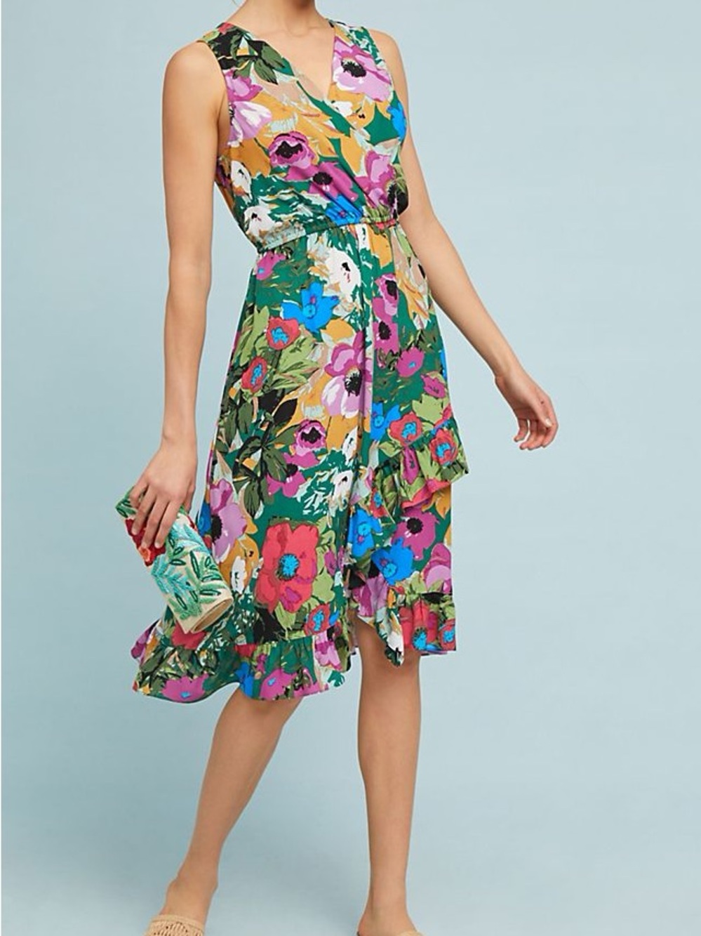 Anthropologie Green Floral V‑Neck Midi Dress with Ruffle Hem